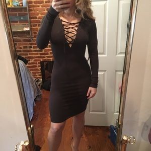 Army green ribbed sweater dress, lace up